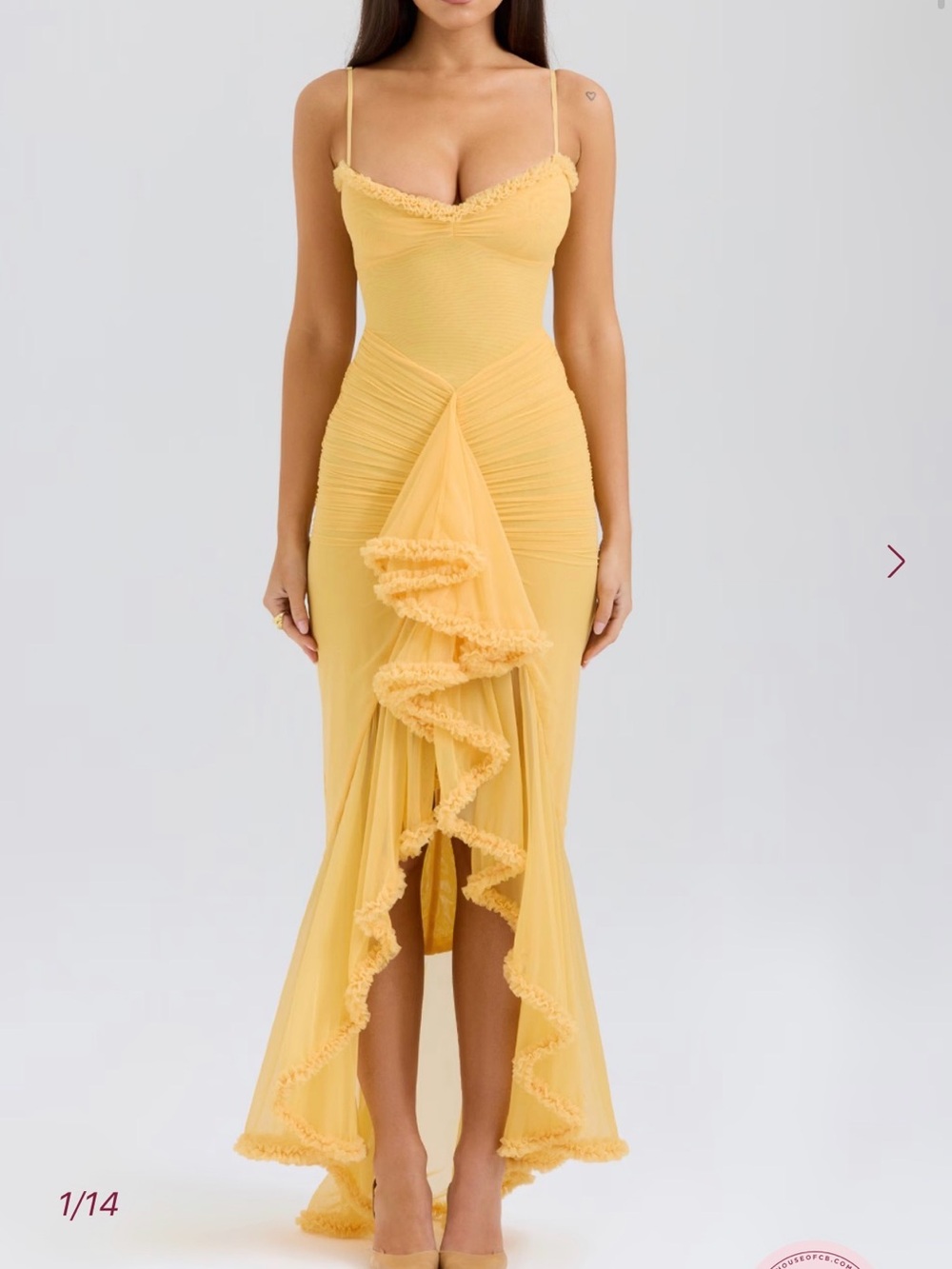 House of CB Gabbi Yellow Ruffled High-Low Mesh Dress